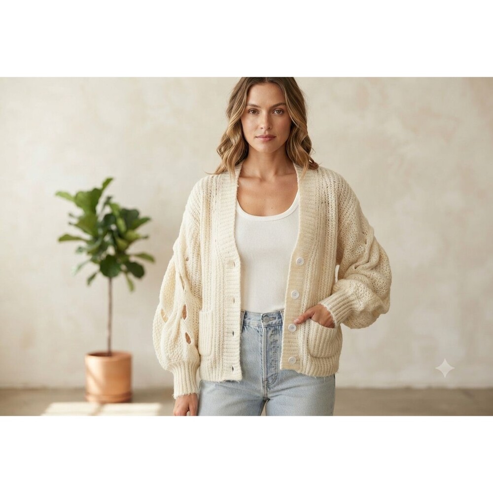 Women S Cream Wool Blend Knit Cardigan Cable Cutout Balloon Sleeve Chunky Ribbed